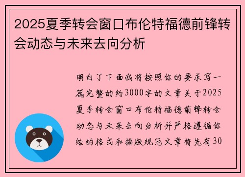 2025夏季转会窗口布伦特福德前锋转会动态与未来去向分析